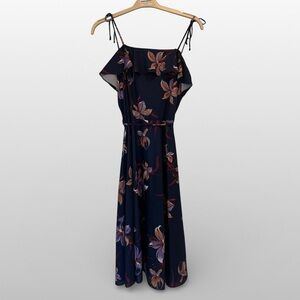 Vintage 1970s Montgomery Ward Navy Floral Dress Adjustable Tie Straps Romantic